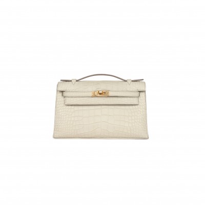 HERMÈS MASTER KELLY POCHETTE BETON MATTE ALLIGATOR GOLD HARDWARE (22*14*7cm) 